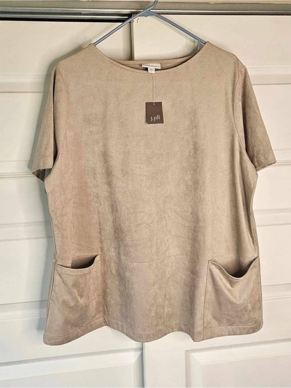 J. Jill Beige Short Sleeve Suede-Look Pocket Tee